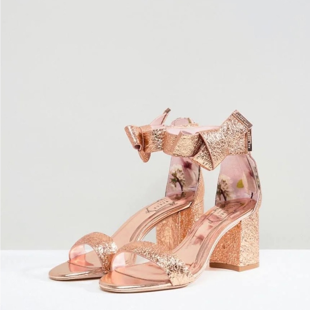 Ted Baker Kerria Leather Block Heel Sandals Open Toe Ankle Strap Heels Rose Gold